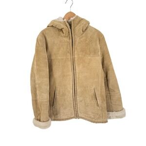 Vintage Suede Sherpa Lined Hooded Jacket Tan Medium Boho Western Winter Cozy
